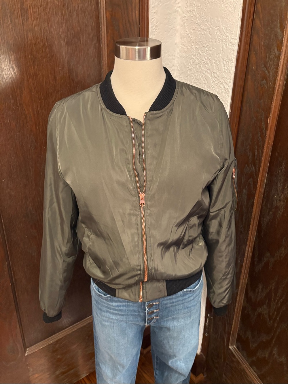 Love Tree Olive Bomber Jacket with Black Trim and Orange Lining